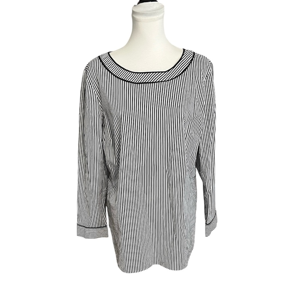 Talbots Blouse Size XL 100% Cotton Striped Black & White Long Sleeve Side Zip